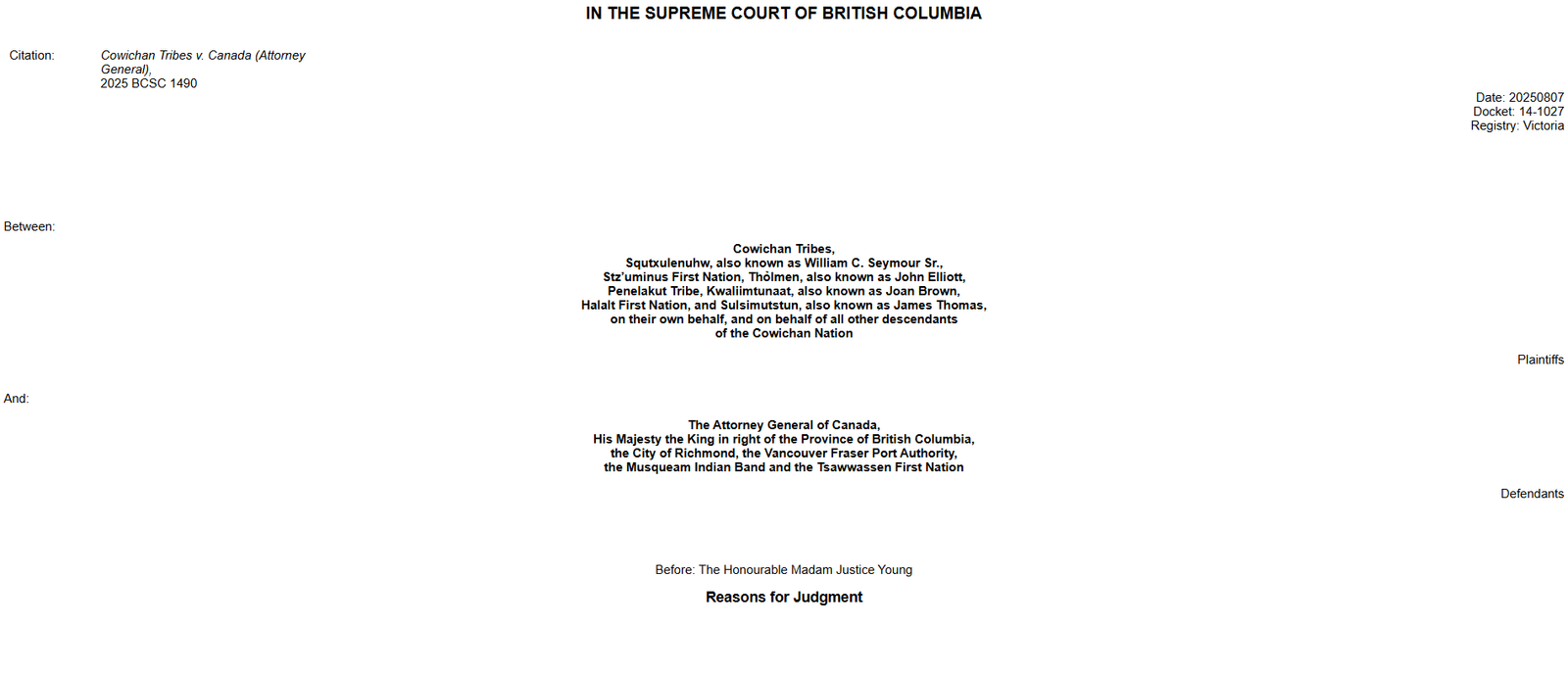 Cowichan Tribes v. Canada, 2025 BCSC 1490 – update